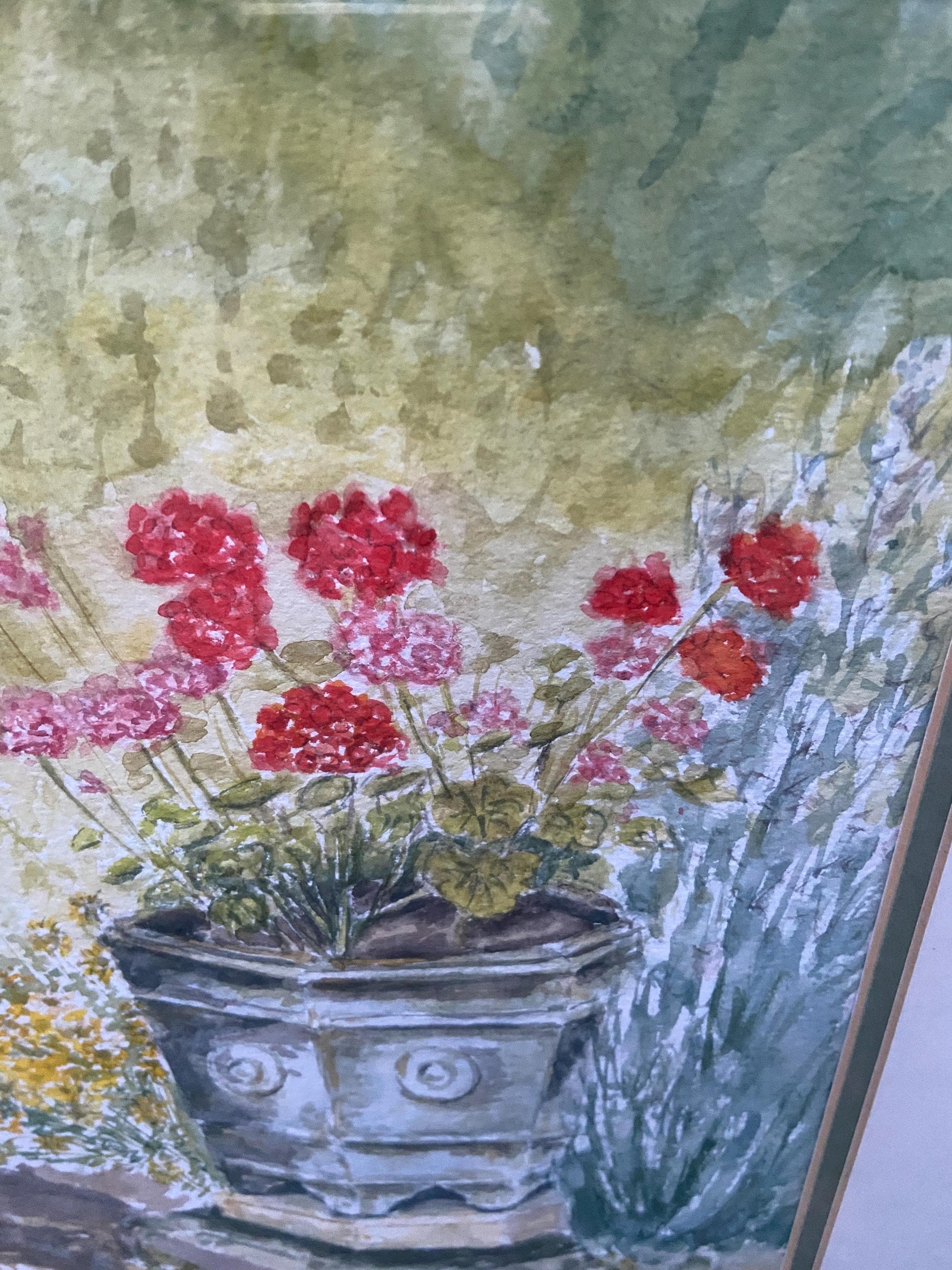 Geraniums in Urn an Original watercolour by Nigel Fox Bassett 2003; professionally mounted and framed.