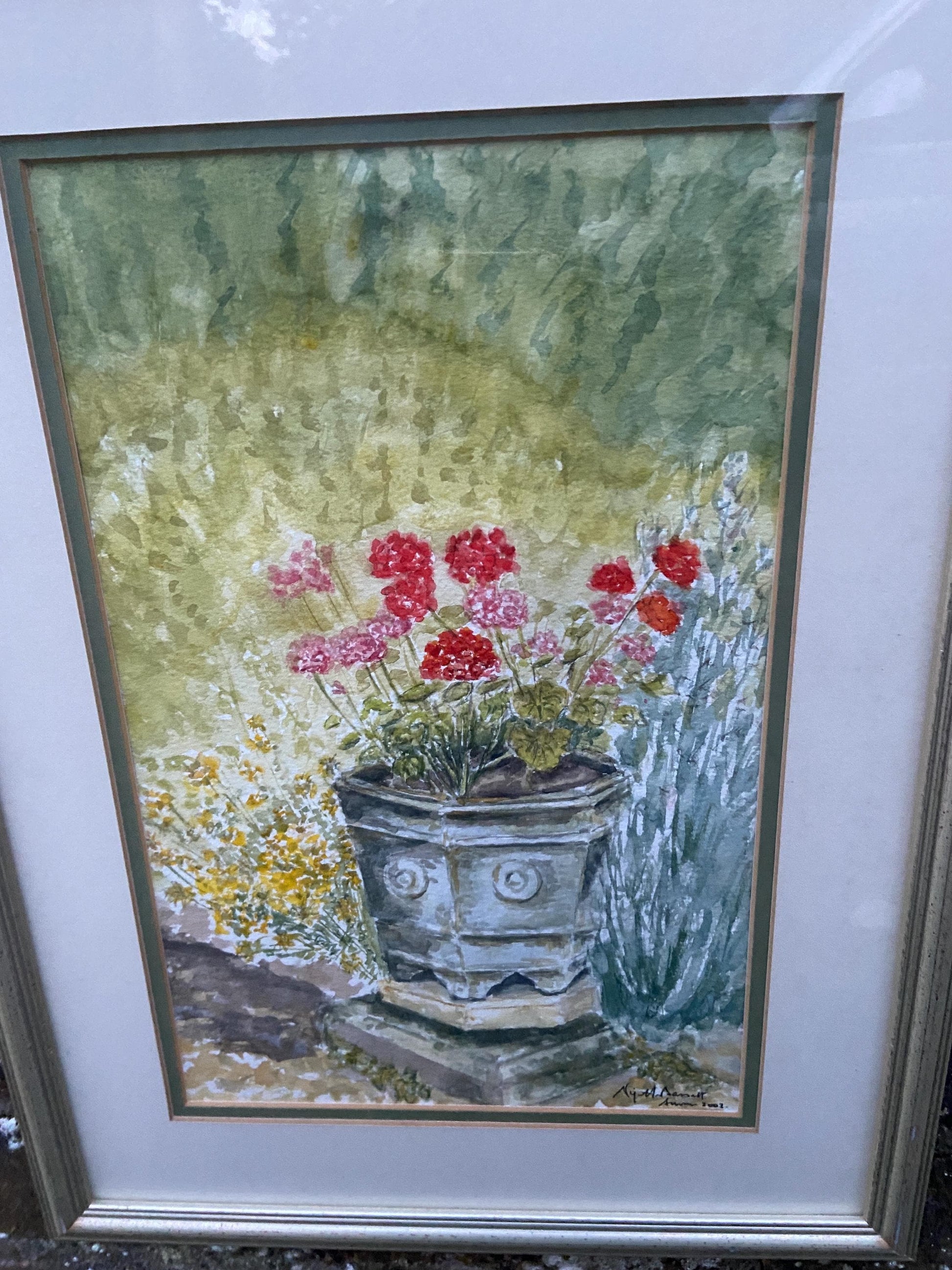 Geraniums in Urn an Original watercolour by Nigel Fox Bassett 2003; professionally mounted and framed.