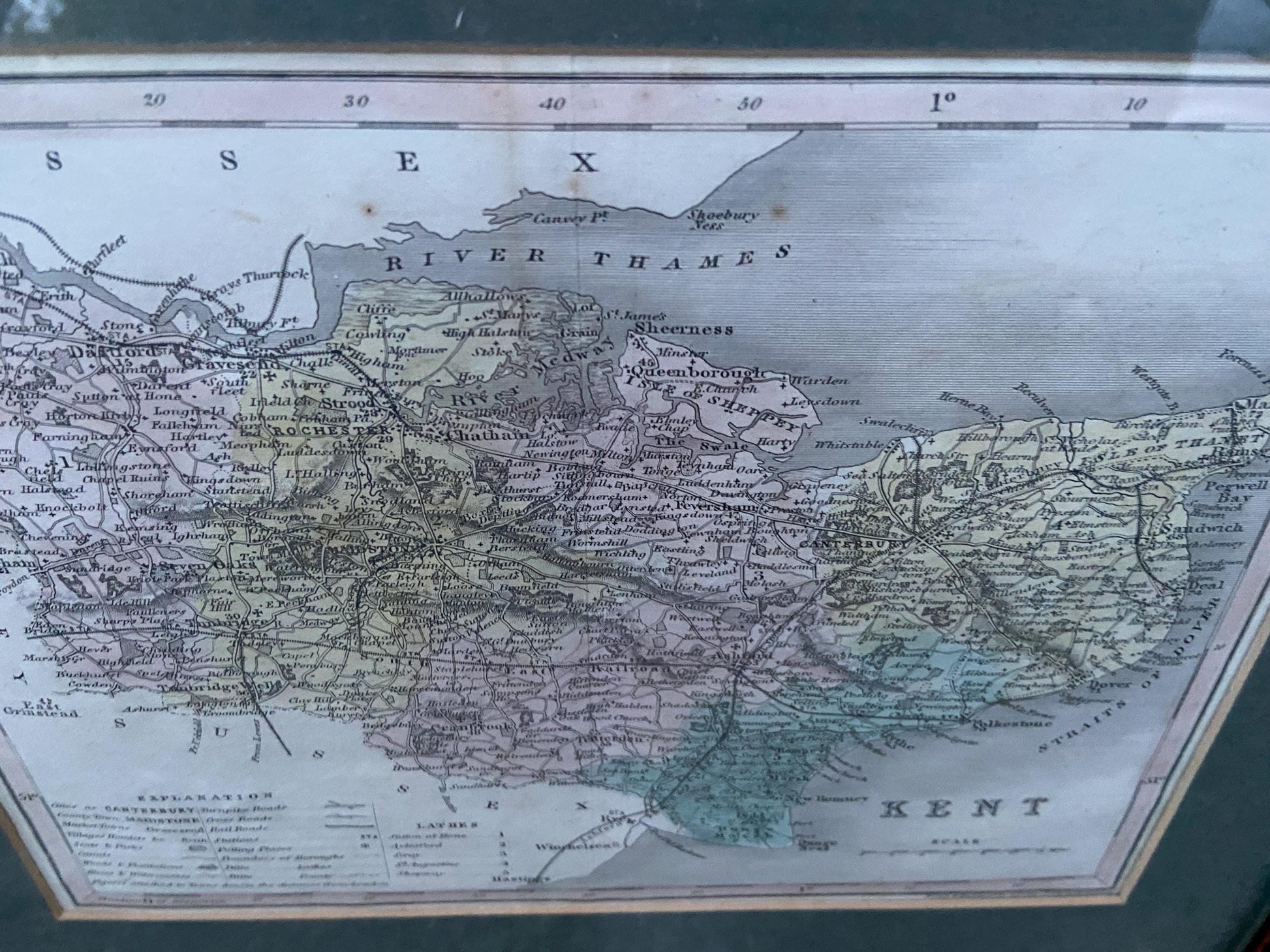 1800s vintage Kent map – hand painted print; drawn and engraved by J Archer Pentonville, London