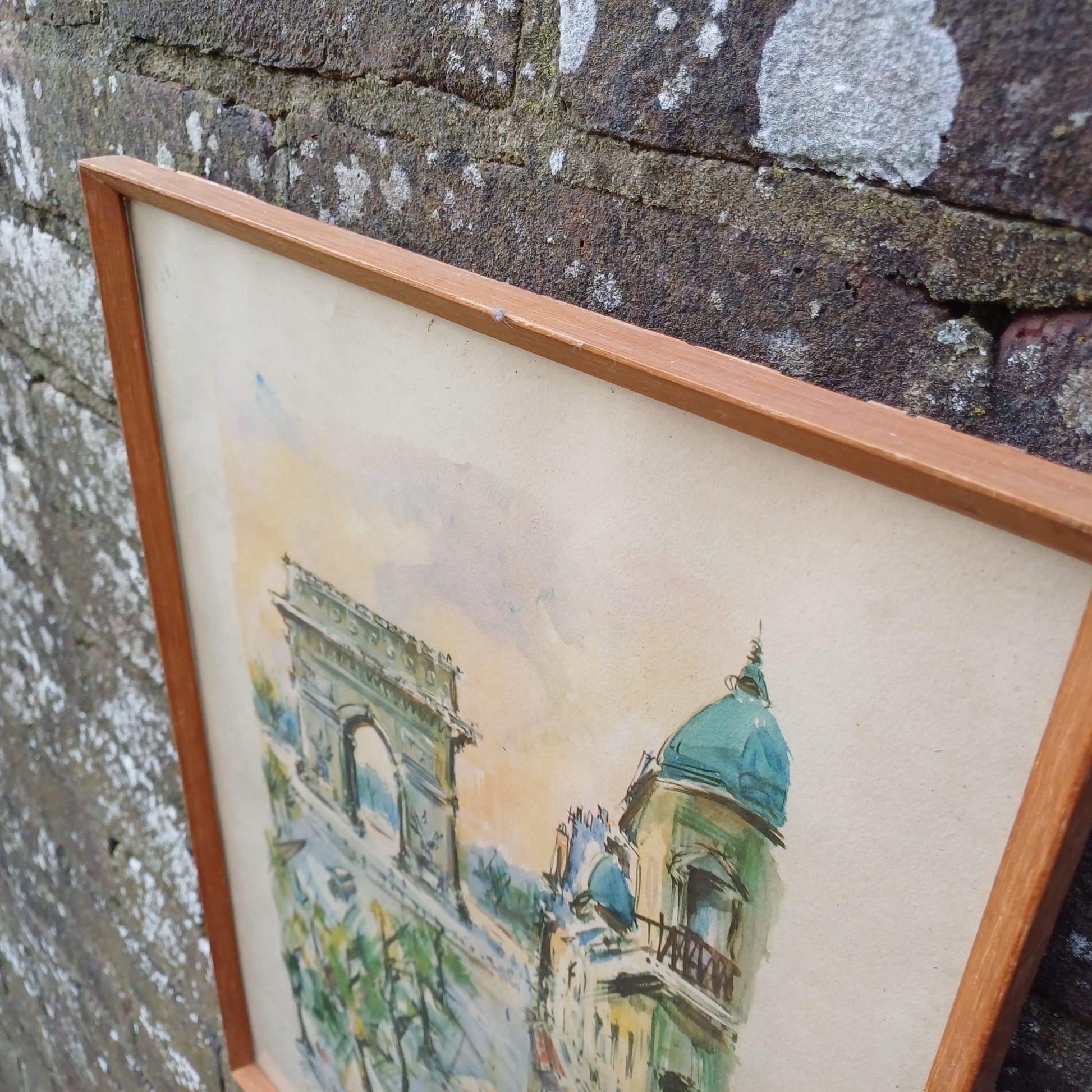 Retro Print of Marius Girard Paris Water Colour - mid century retro painting, vintage frame Les Champs Elysees Arc de Triomphe (46cm x 33cm)