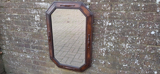 Large Vintage Oak Hexagonal Wall Mirror with Bevelled Glass and Two Small Hooks – Functional Retro Decor