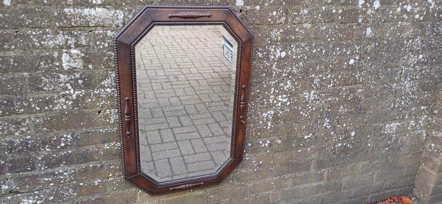 Large Vintage Oak Hexagonal Wall Mirror with Bevelled Glass and Two Small Hooks – Functional Retro Decor