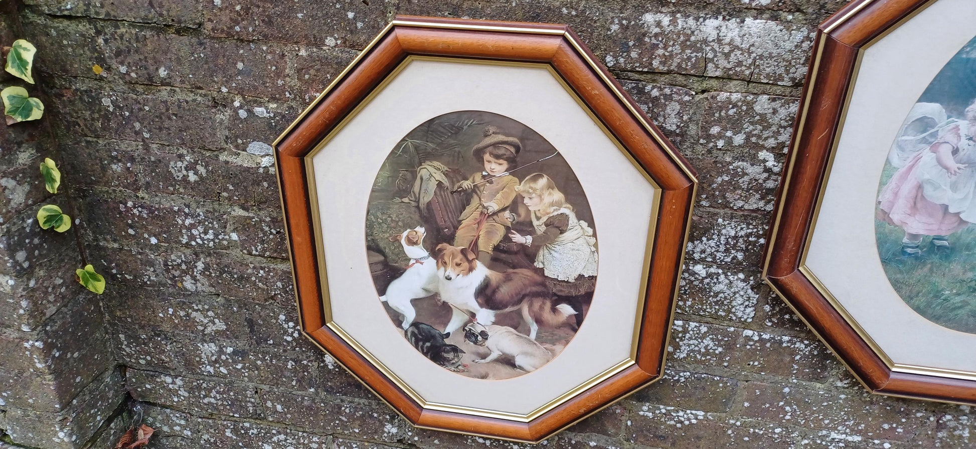 Splendid Very Large Pair of 1980s Vintage Wooden Stained Hexagonal Picture Frames with Glazing and Mounts Traditional Vintage Prints