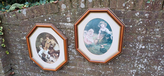 Splendid Very Large Pair of 1980s Vintage Wooden Stained Hexagonal Picture Frames with Glazing and Mounts Traditional Vintage Prints