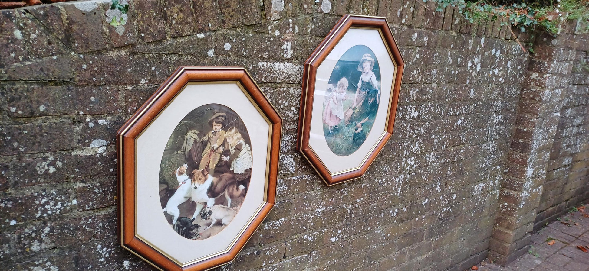 Splendid Very Large Pair of 1980s Vintage Wooden Stained Hexagonal Picture Frames with Glazing and Mounts Traditional Vintage Prints