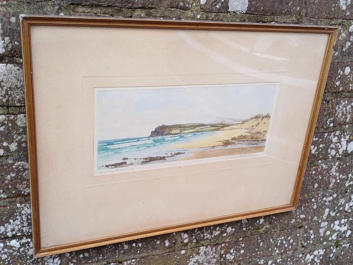 original proof etching by Robert Cresswell Boak. Of Bush Bay in Porthallintrae. vintage print in vintage frame. Irleand print.
