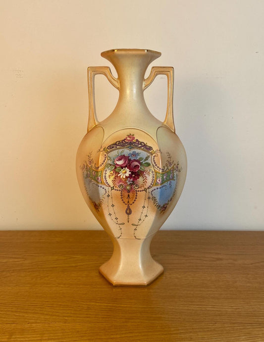 Early 1900s tall ornamental vase.  brushed ceramic with flower detail and gold.  Made in SALE, England. VGC