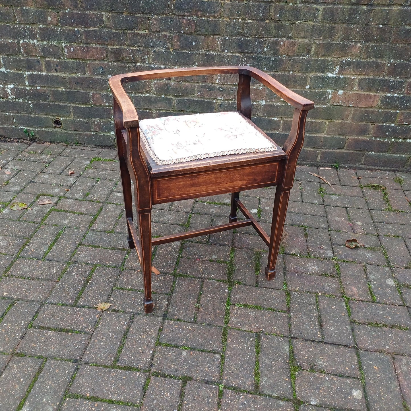 Vintage Edwardian Inlaid and Upholstered Piano Stool with Inner Compartment.