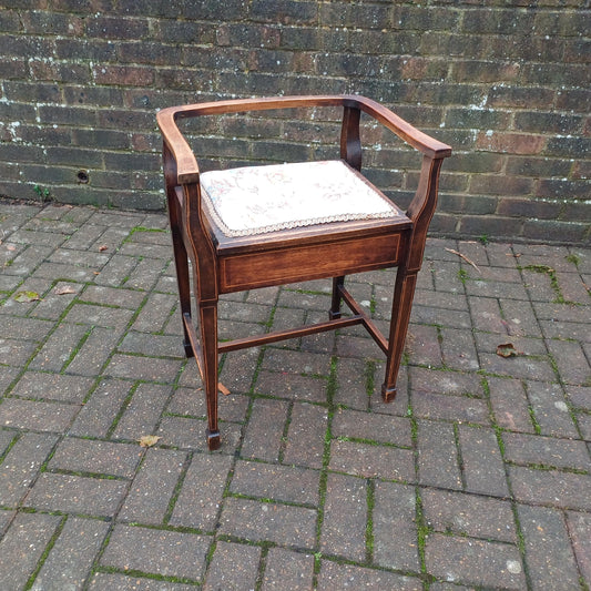 Vintage Edwardian Inlaid and Upholstered Piano Stool with Inner Compartment.