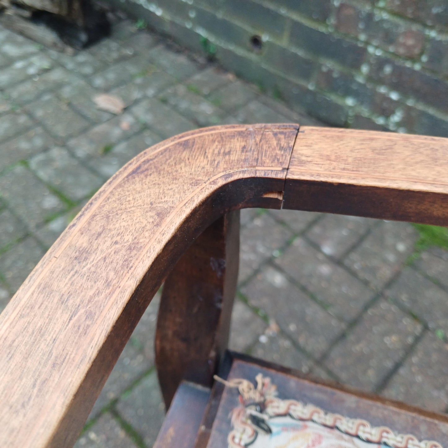 Vintage Edwardian Inlaid and Upholstered Piano Stool with Inner Compartment.