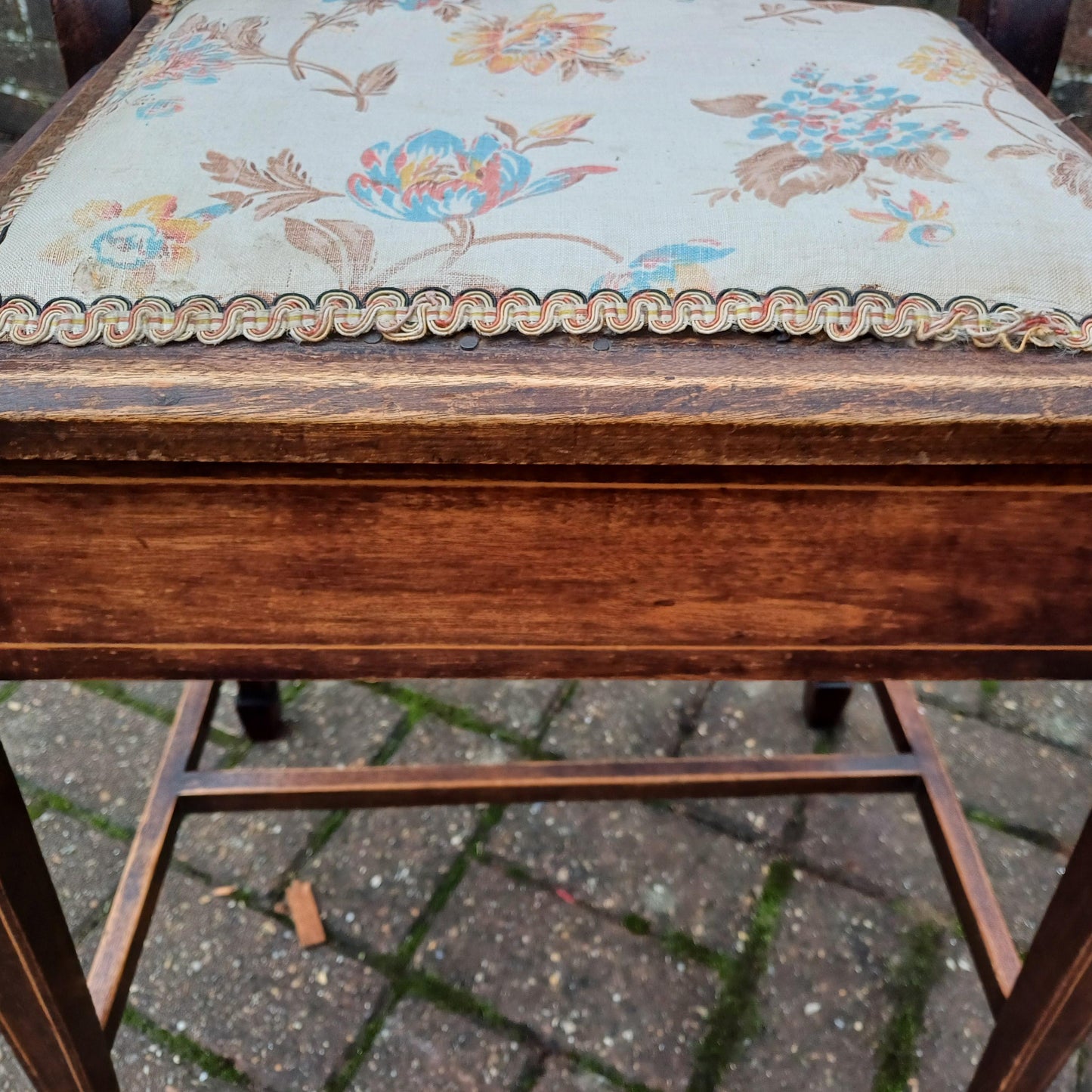 Vintage Edwardian Inlaid and Upholstered Piano Stool with Inner Compartment.