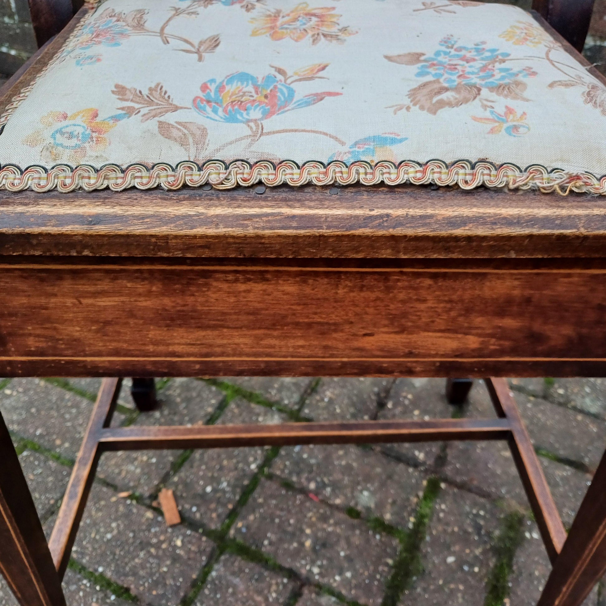 Vintage Edwardian Inlaid and Upholstered Piano Stool with Inner Compartment.