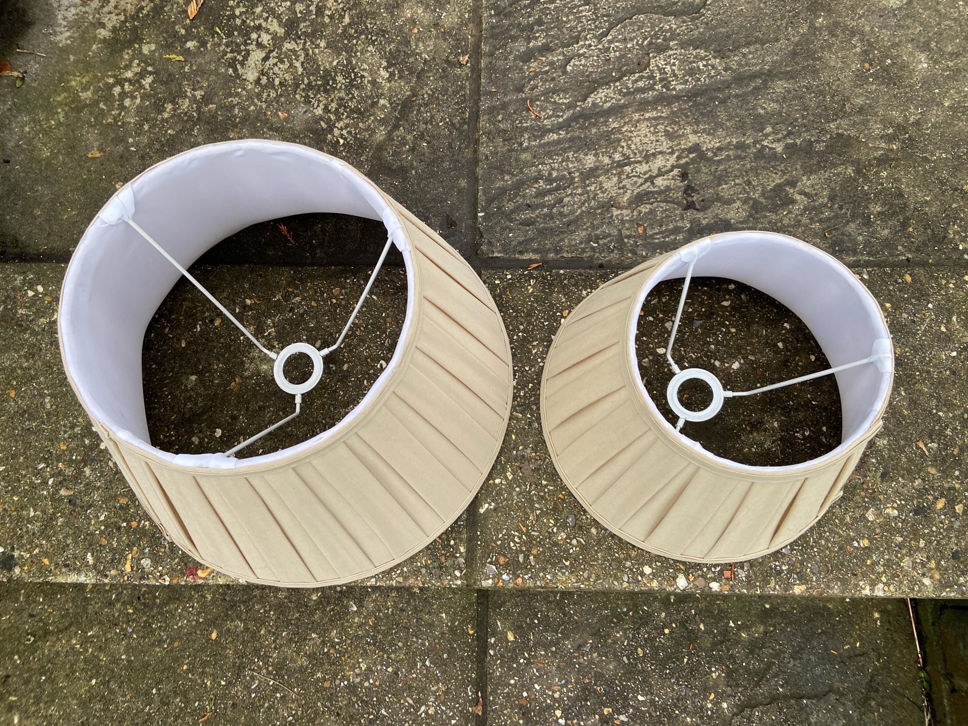 Two matching vintage pleated gold sand coloured Empire shape - perfect for table lamps 14 inch and 10.5 inch
