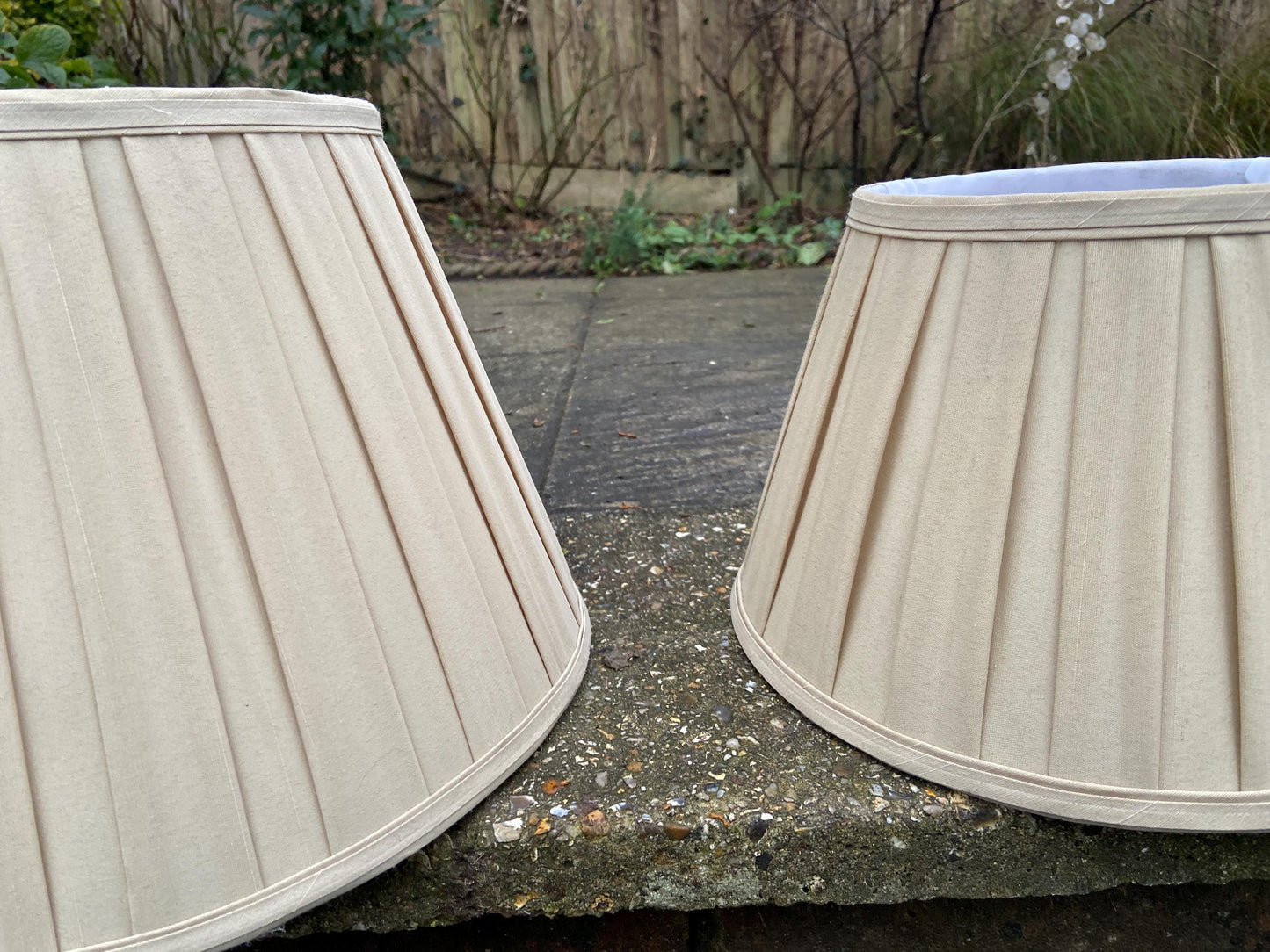 Two matching vintage pleated gold sand coloured Empire shape - perfect for table lamps 14 inch and 10.5 inch
