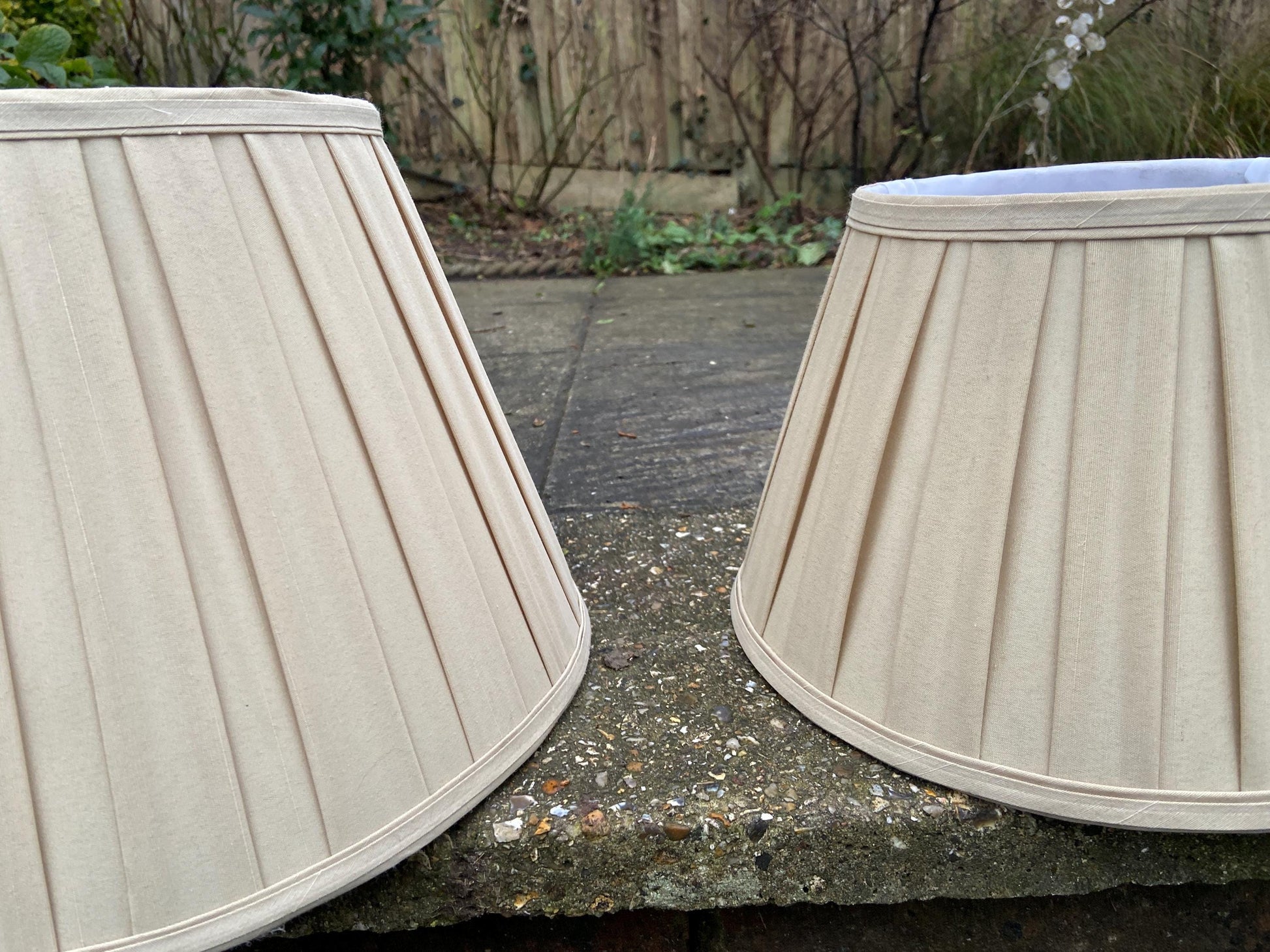 Two matching vintage pleated gold sand coloured Empire shape - perfect for table lamps 14 inch and 10.5 inch
