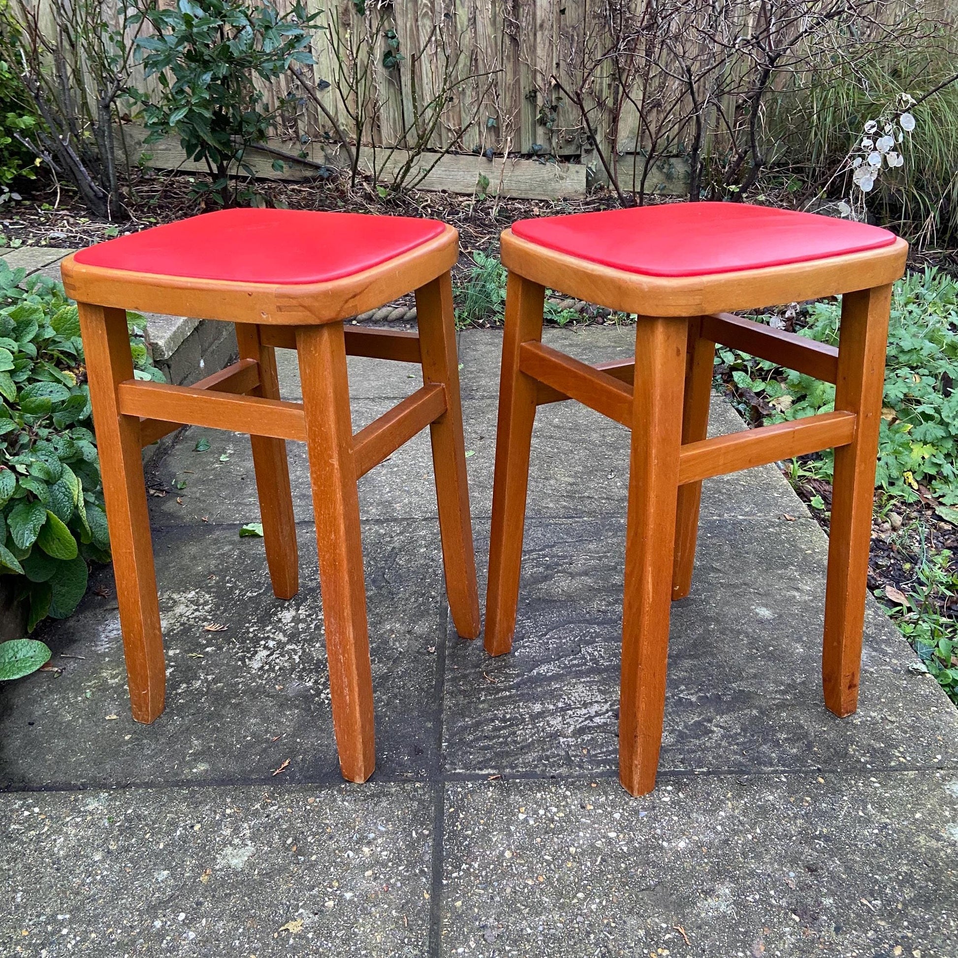 fire engine red retro vintage wooden stools.  Romania. vgc