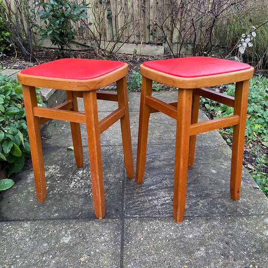 fire engine red retro vintage wooden stools.  Romania. vgc