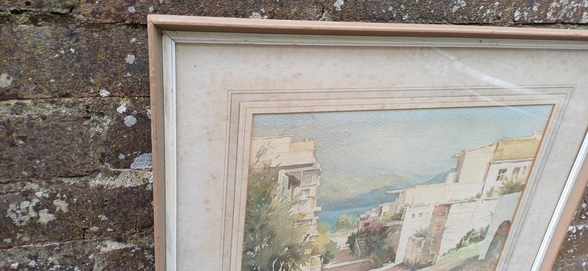Original vintage water colour of a Mediterranean Village / Landscape scene, landscape watercolour