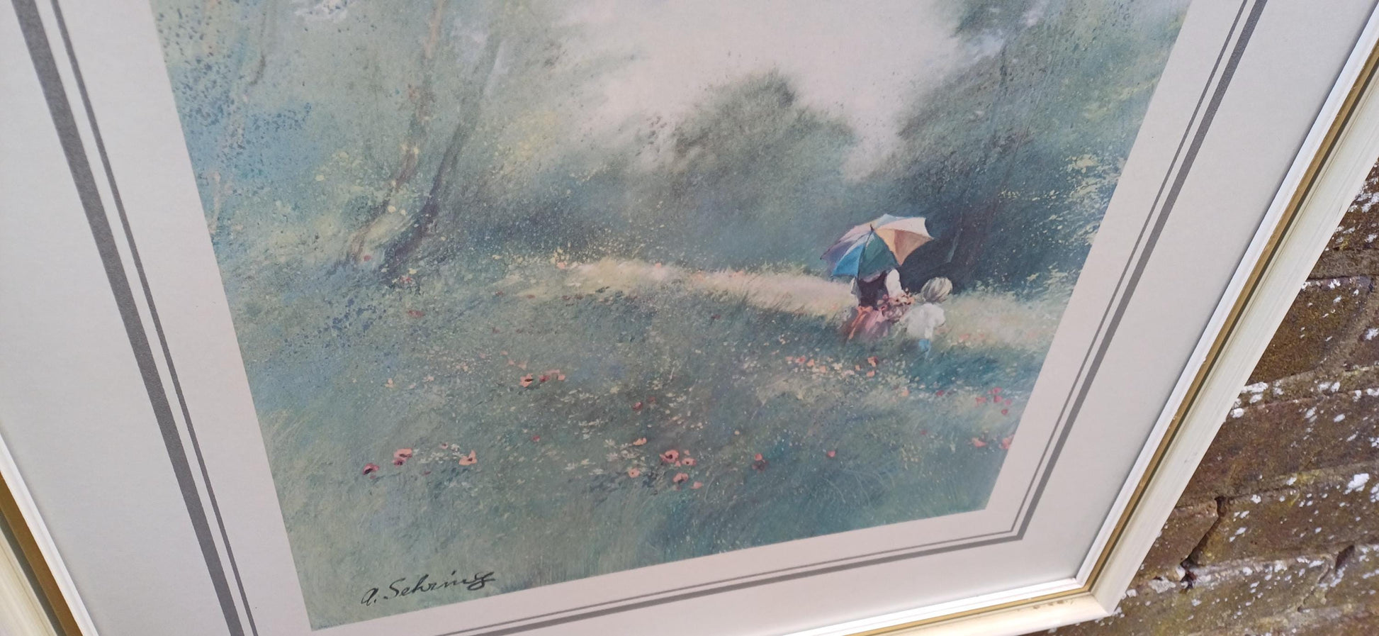 Spring Showers Print by Adolf Sehring, 1980s print in gorgeous vintage quality glazed frame (49.5cm x 60cm)