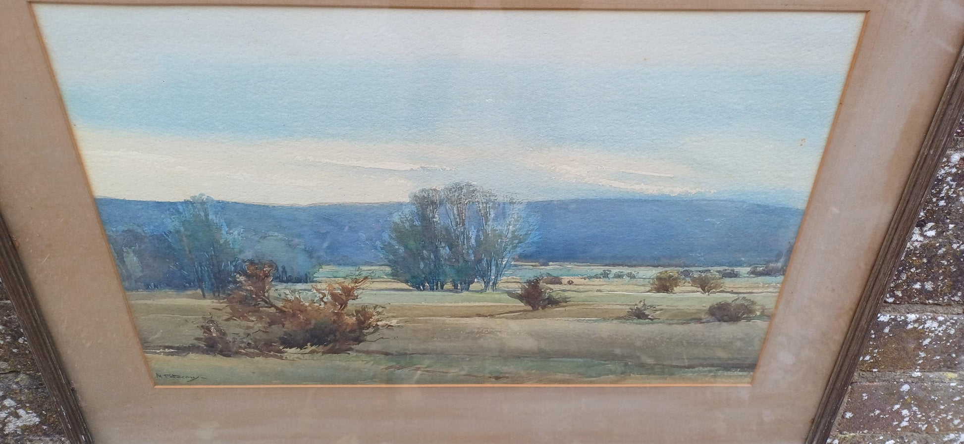 Early to Mid 1900s original water colour by Madeline Pothecary, possible Sussex or Kent. Framed in mid-century wooden glazed frame