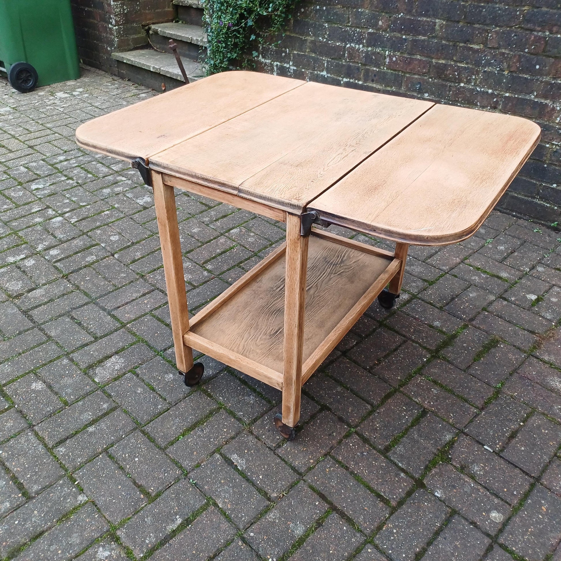 Vintage Solid Oak Cantilever Stripped Oak Trolley Also a Dining or Kitchen Table for Two. FREE HAND Delivery