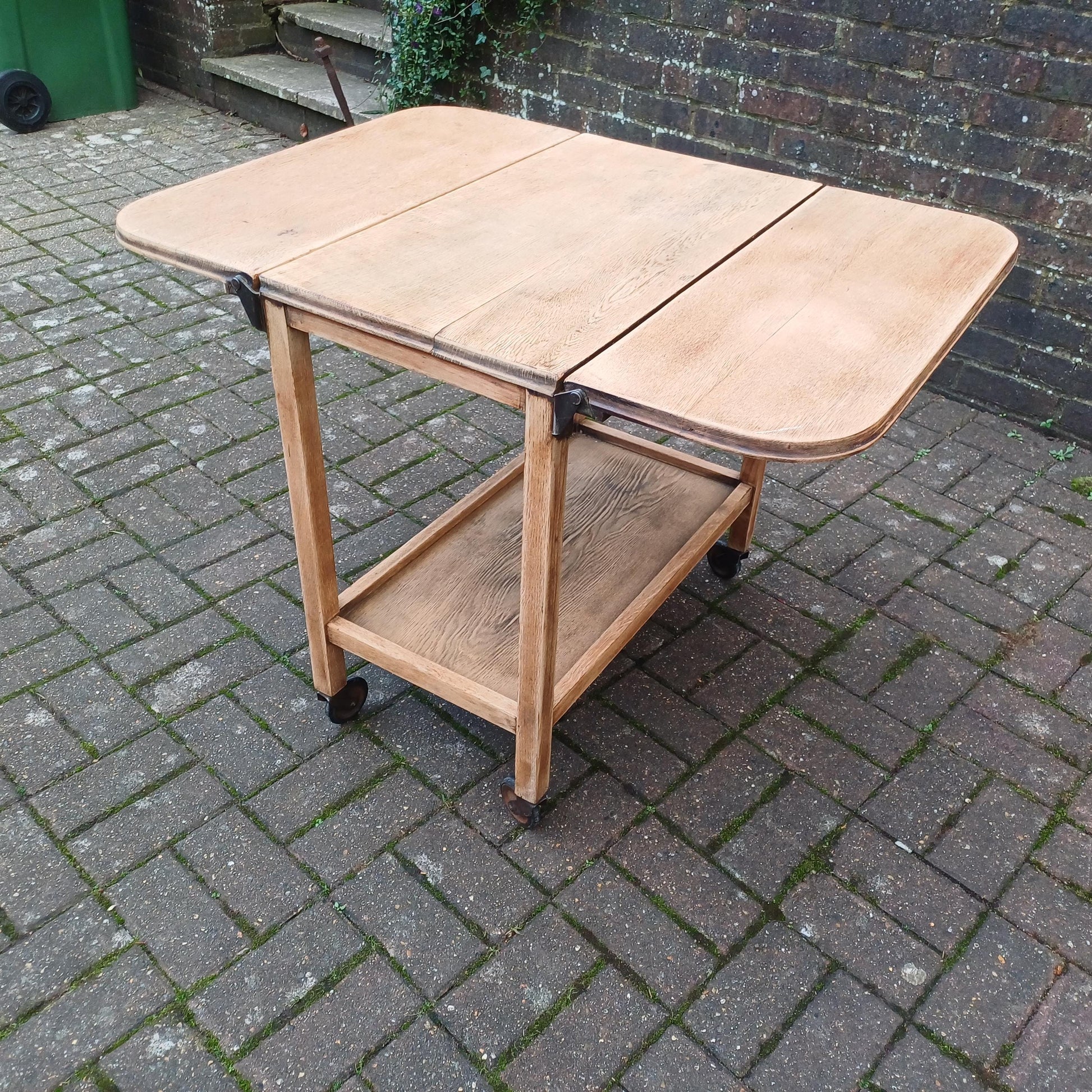 Vintage Solid Oak Cantilever Stripped Oak Trolley Also a Dining or Kitchen Table for Two. FREE HAND Delivery