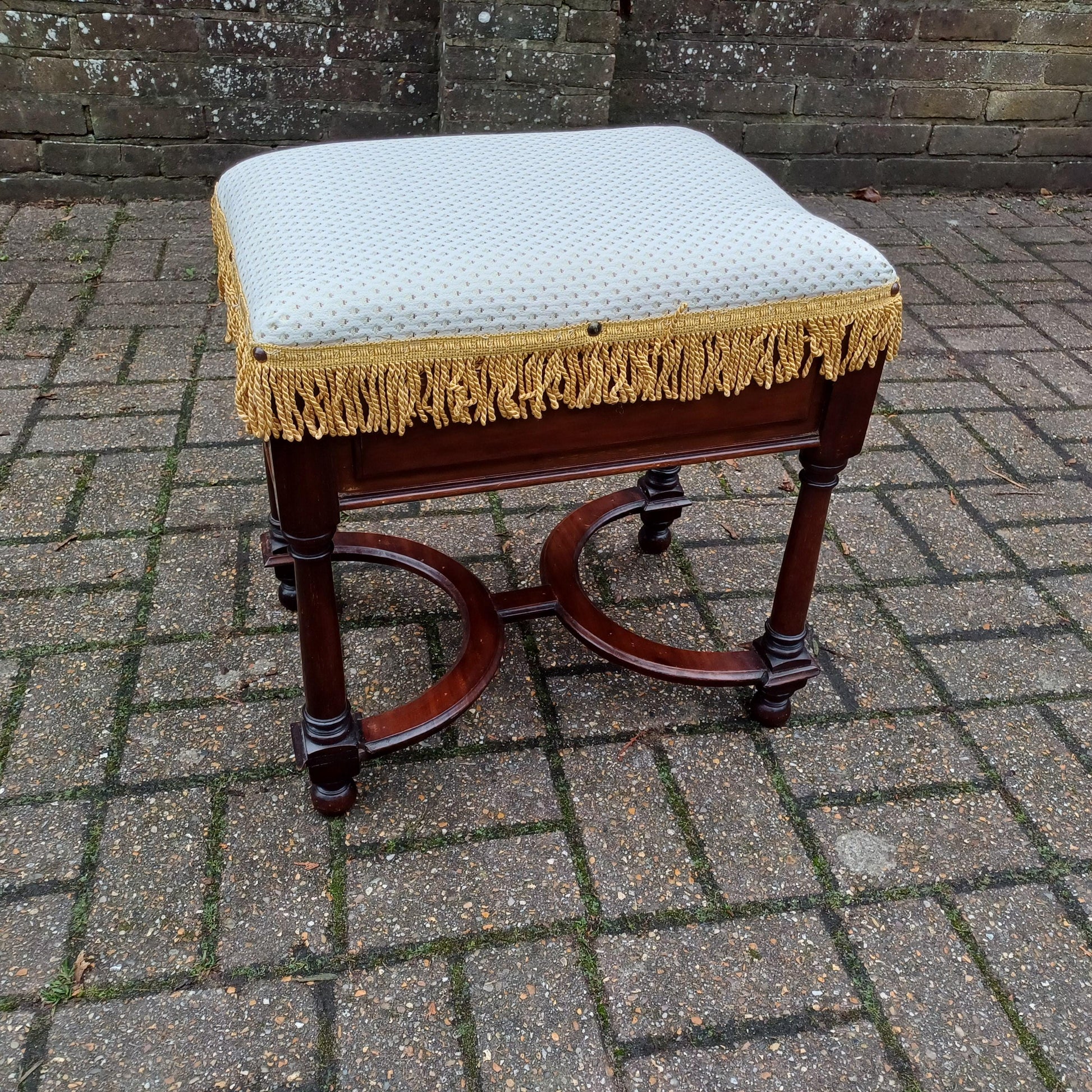 Charming Ornate Vintage Newly Upholstered Decorative Stool. X Stretchers.