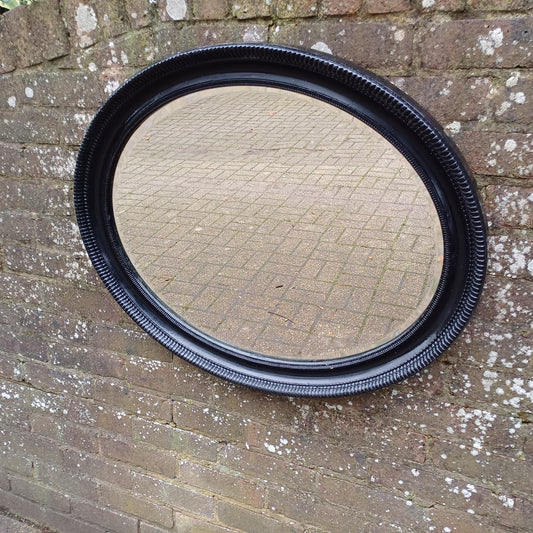 Upcycled Vintage Black Oval Decorative Wall Mirror with Bevelled Glass