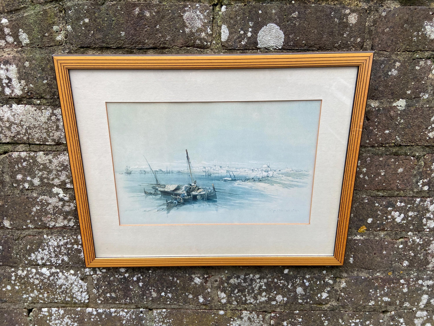 Pair of Mid century vintage wooden frames with geometric detail - light golden wood with black lines, glazed frames; David Roberts prints x2