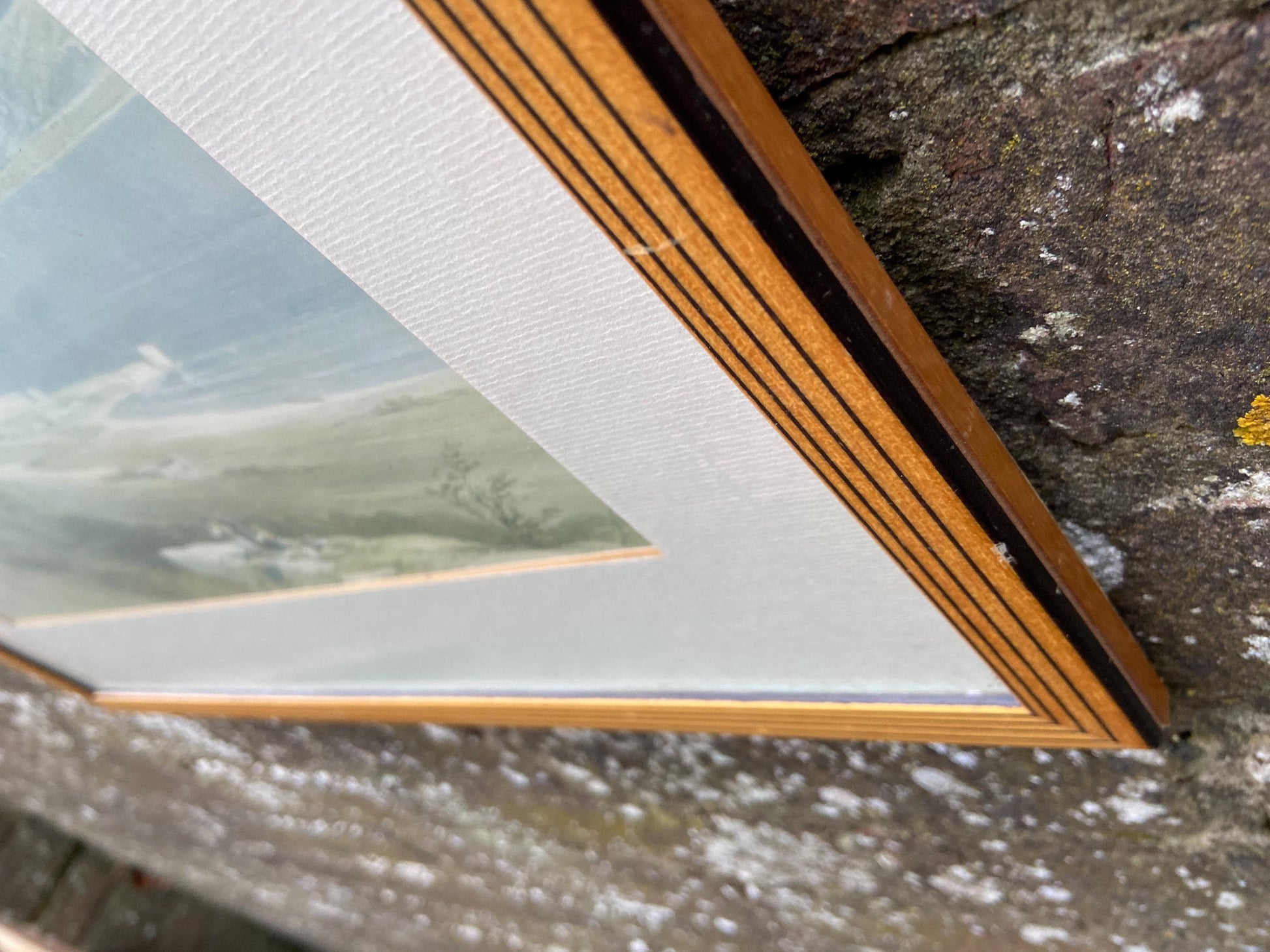 Pair of Mid century vintage wooden frames with geometric detail - light golden wood with black lines, glazed frames; David Roberts prints x2
