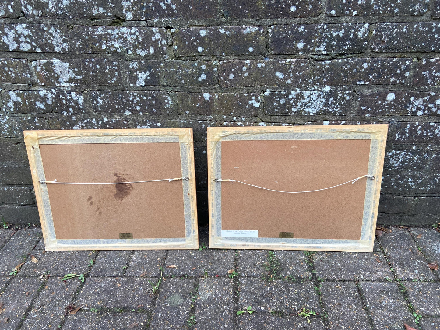 Pair of Mid century vintage wooden frames with geometric detail - light golden wood with black lines, glazed frames; David Roberts prints x2