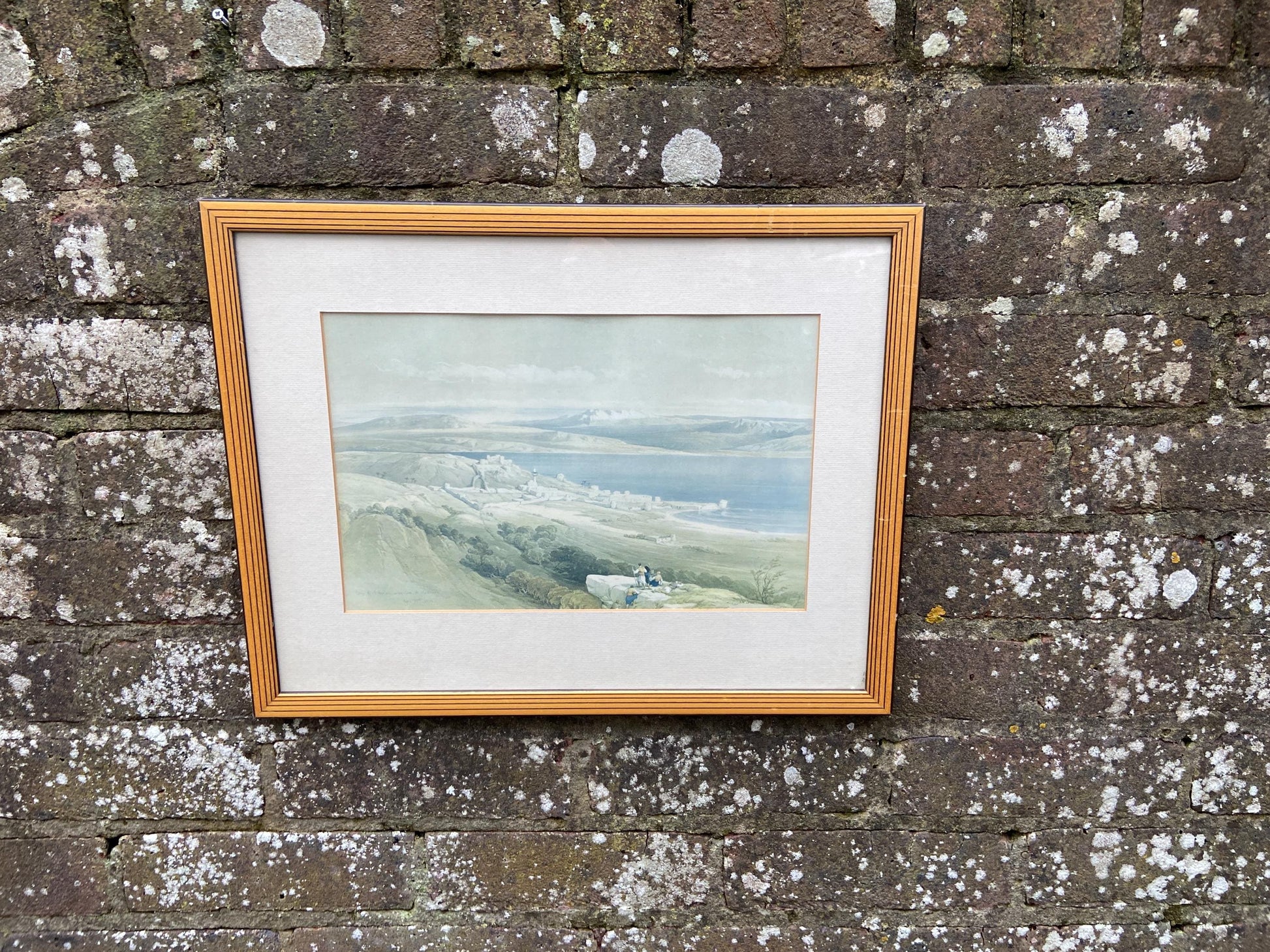 Pair of Mid century vintage wooden frames with geometric detail - light golden wood with black lines, glazed frames; David Roberts prints x2