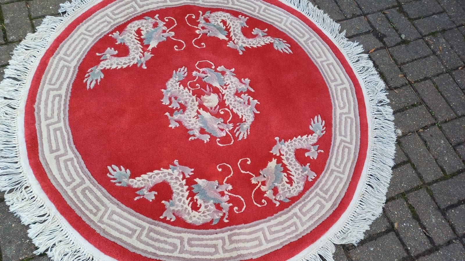 Vintage Round Chinese Woollen Red Rug, Dragons, oriental pattern and fringe, good condition 144cm diameter
