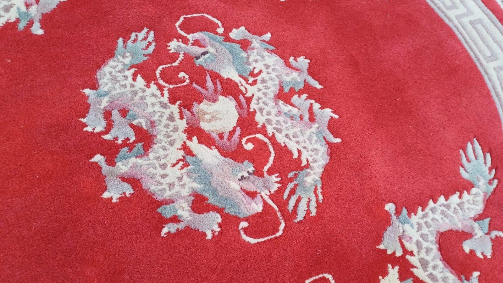 Vintage Round Chinese Woollen Red Rug, Dragons, oriental pattern and fringe, good condition 144cm diameter