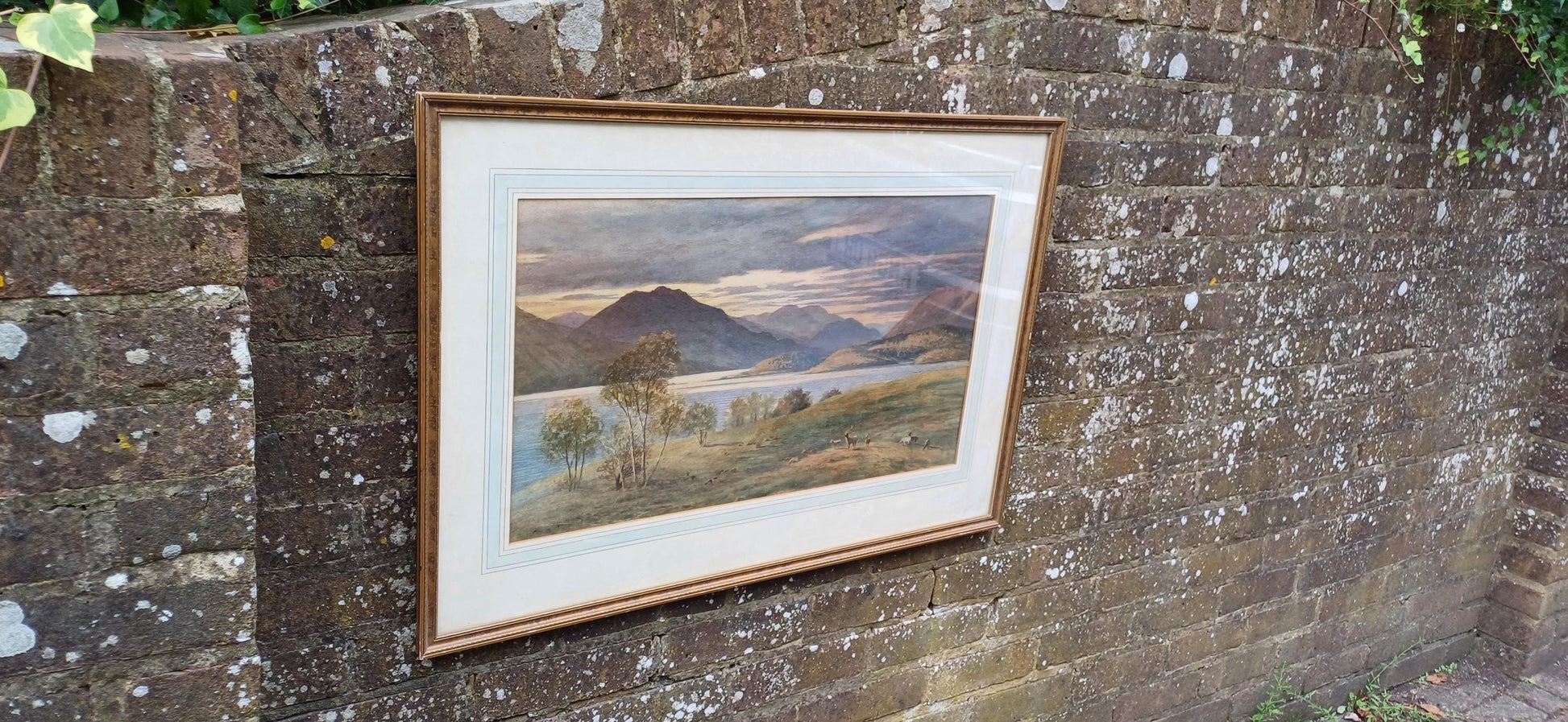 Large Scottish Highlands Vintage Water Colour Painting, glazed vintage frame - original vintage watercolour painting 81cm x 57cm approx