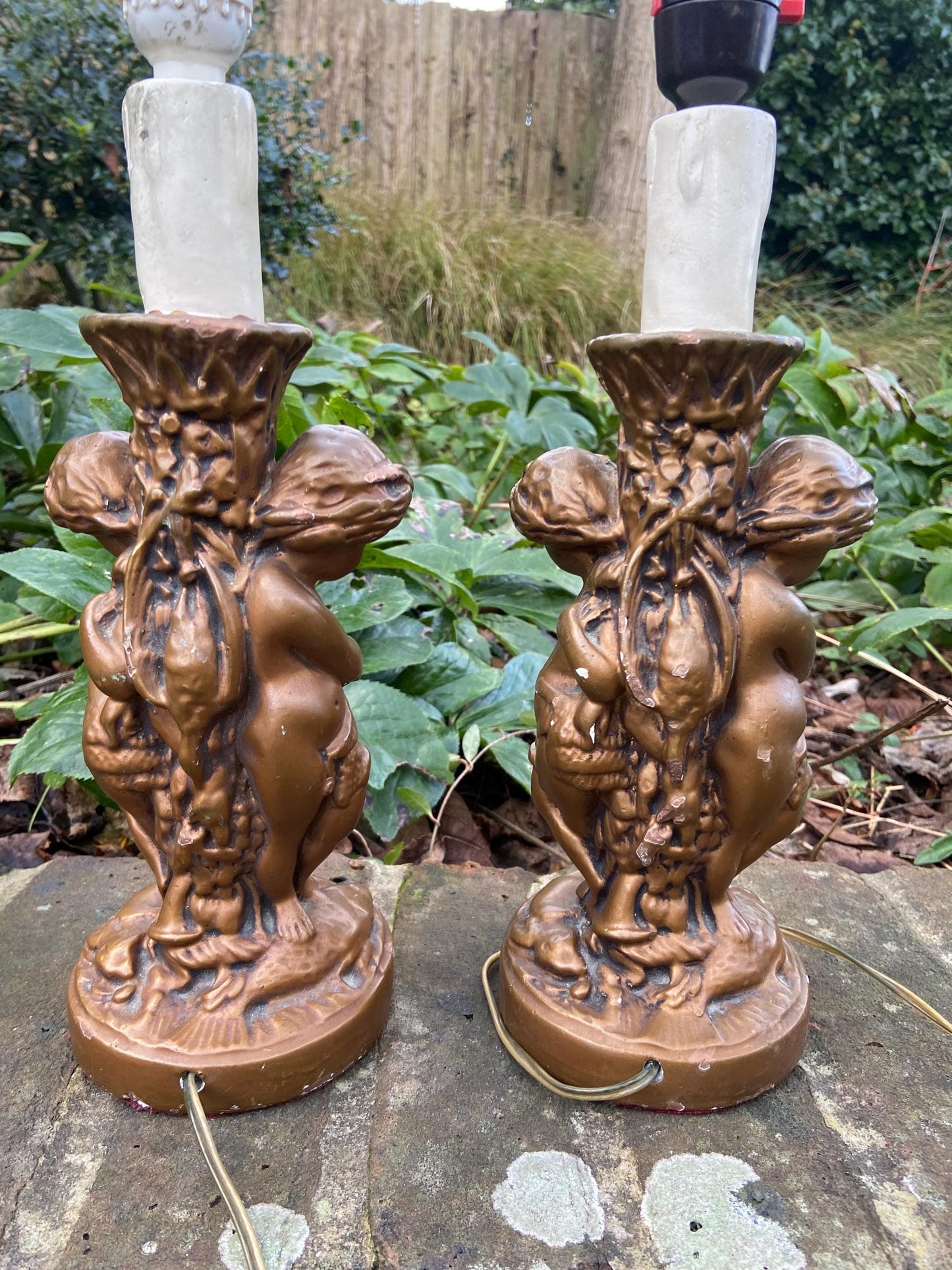 Original Vintage Pair 1970s plaster gold cherubs (different moulds) vintage table lamps - working table lamps