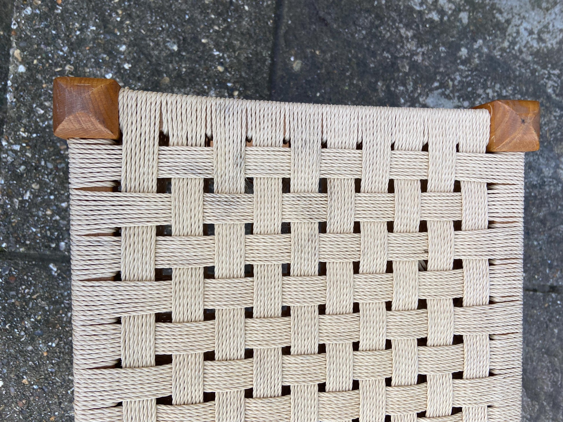 Vintage woven cream string stool on light brown frame – VGC - 29cm square
