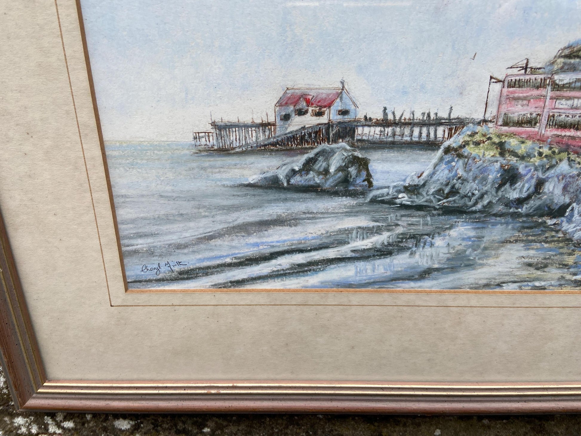Original Cheryl Firth Mumbles, Wales, Double Decker Tram water colour painting - framed, 1990s, signed artwork