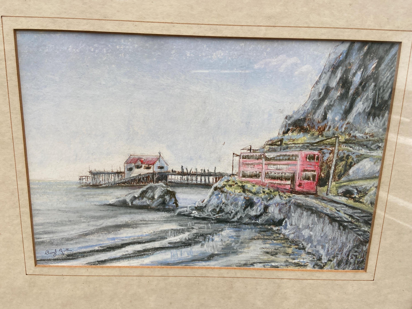 Original Cheryl Firth Mumbles, Wales, Double Decker Tram water colour painting - framed, 1990s, signed artwork