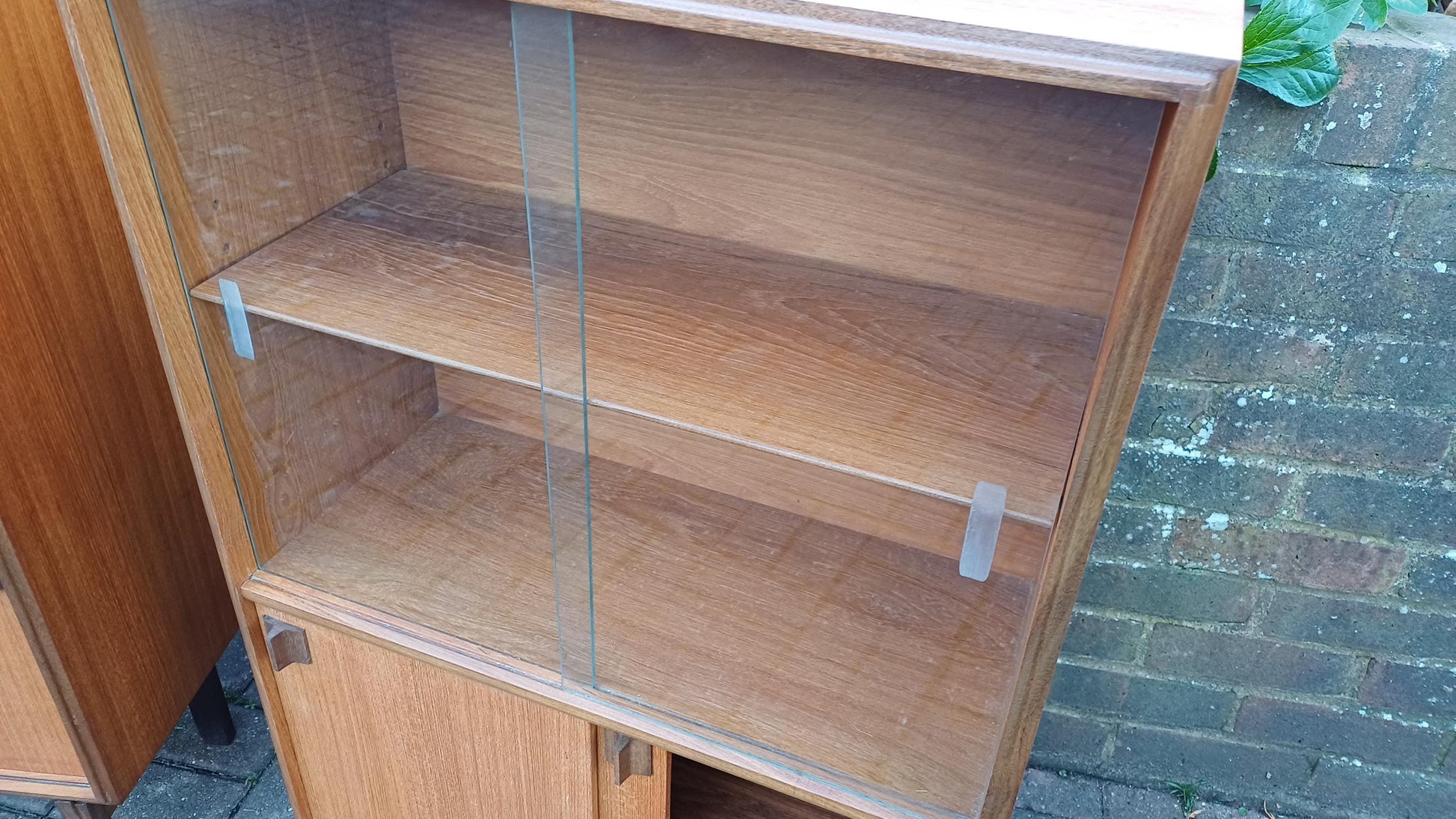 Pair Glazed Glass Vintage Retro 60s Teak and Veneer Glazed Bookcase China Display Cupboards with Lower Storage Cupboard FREE HAND Delivery