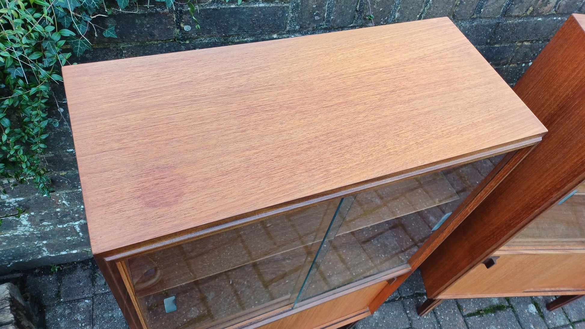 Pair Glazed Glass Vintage Retro 60s Teak and Veneer Glazed Bookcase China Display Cupboards with Lower Storage Cupboard FREE HAND Delivery