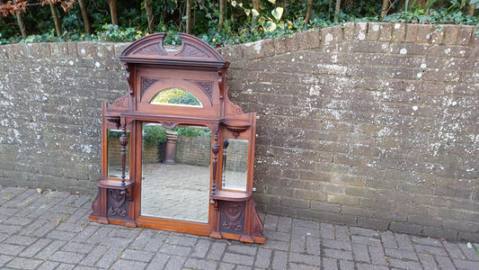 Massive Imposing High Quality Mahogany Over Mantel Mirror Wealth of Decorative Features 4 Bevelled Mirrors FREE HAND Delivery.