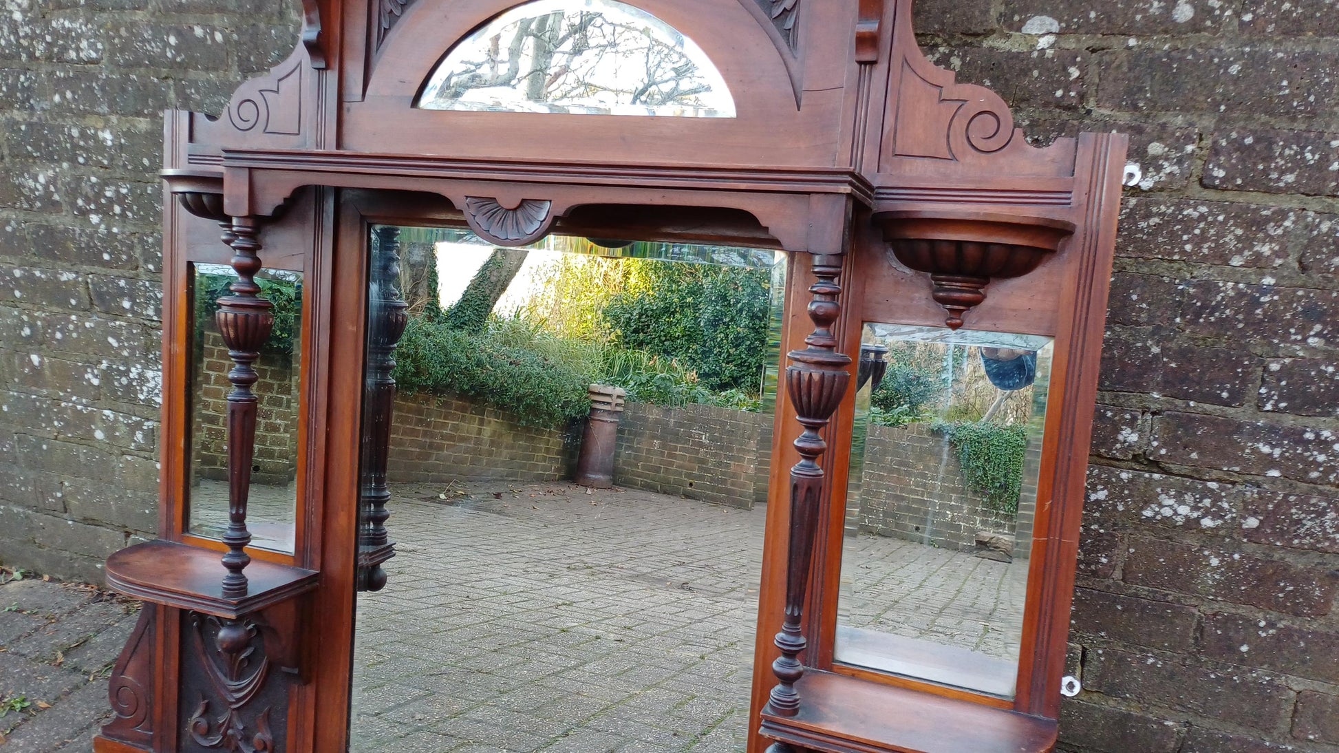 Massive Imposing High Quality Mahogany Over Mantel Mirror Wealth of Decorative Features 4 Bevelled Mirrors FREE HAND Delivery.
