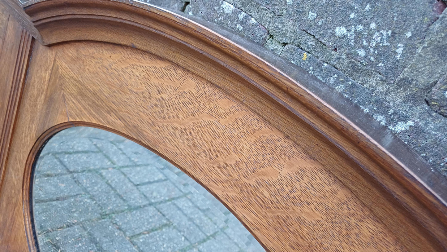 Beautiful Wide 1920s Oak Over Mantel or Wall Mirror Oval Glass