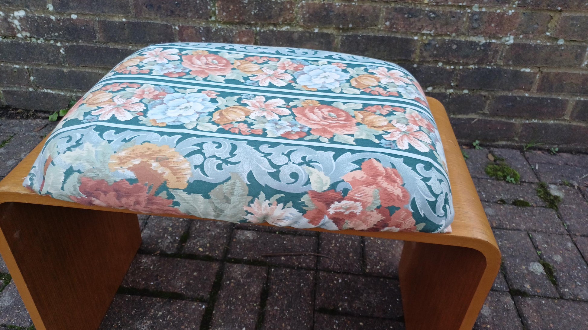 Vinatge Retro 70s Bentwood Stool General Use Dressing Table Flower Fabric and Oak Effect.
