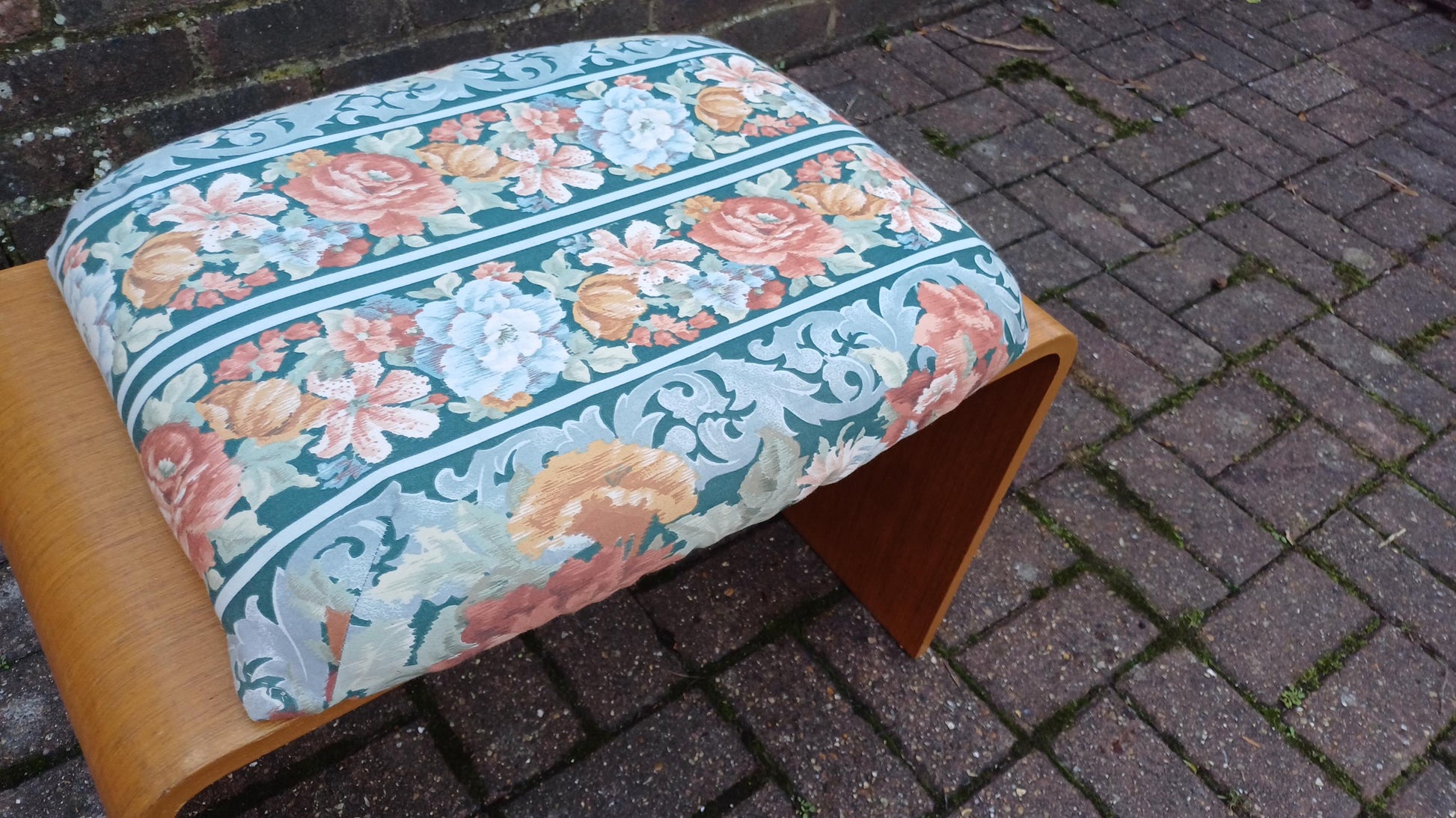 Vinatge Retro 70s Bentwood Stool General Use Dressing Table Flower Fabric and Oak Effect.