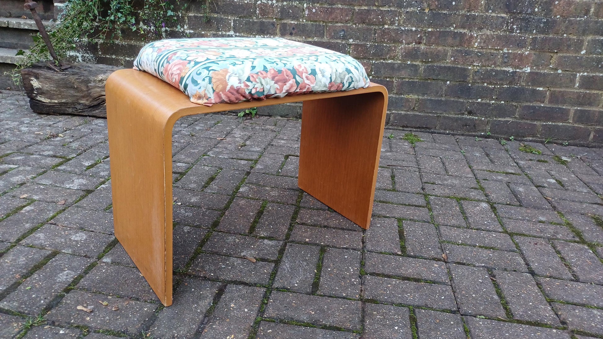 Vinatge Retro 70s Bentwood Stool General Use Dressing Table Flower Fabric and Oak Effect.
