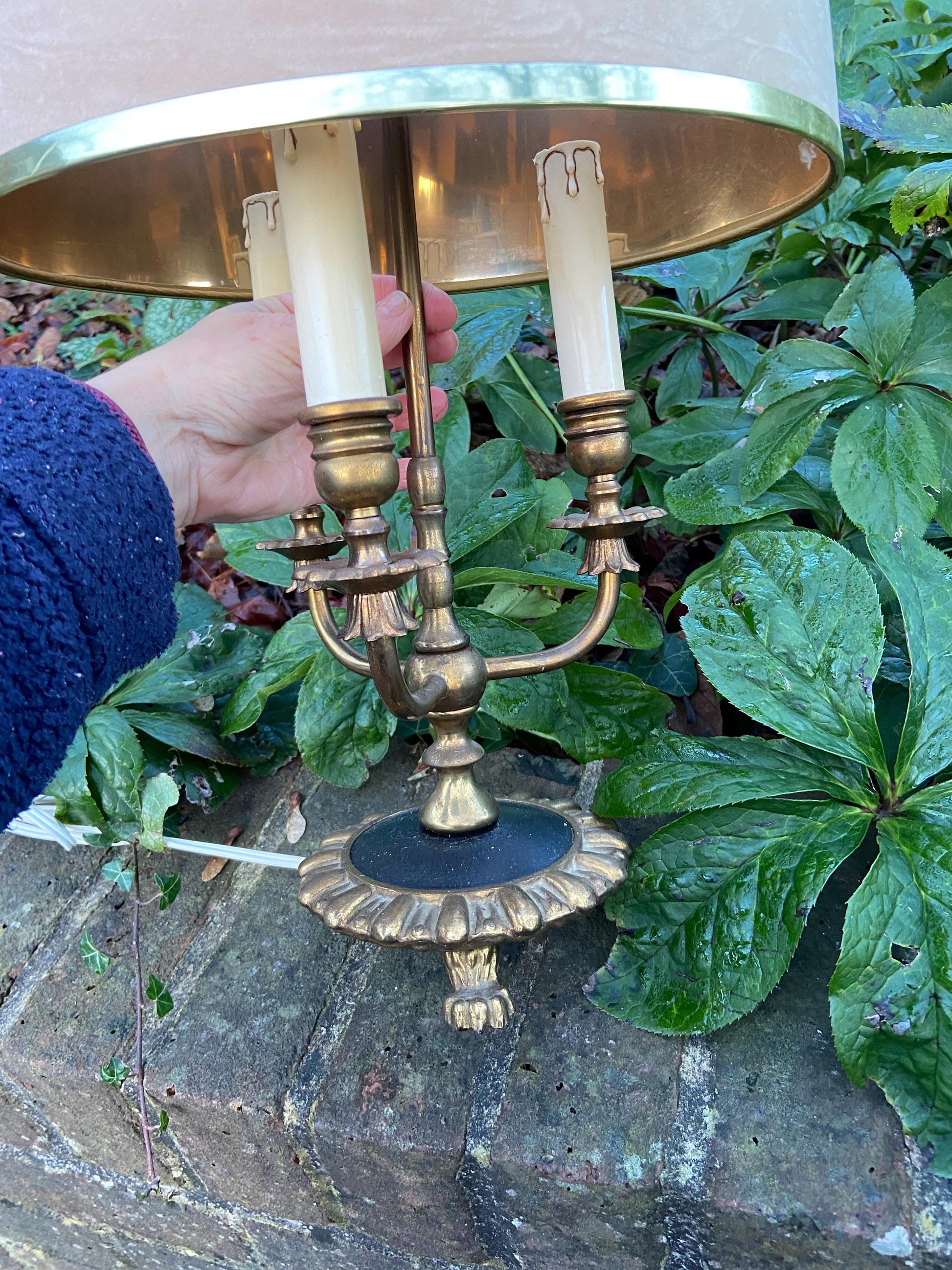Antique French Bouilotte 3 armed brass office table lamp, heavy quality, newer vintage shade, ebony black detailed base with lion paw feet
