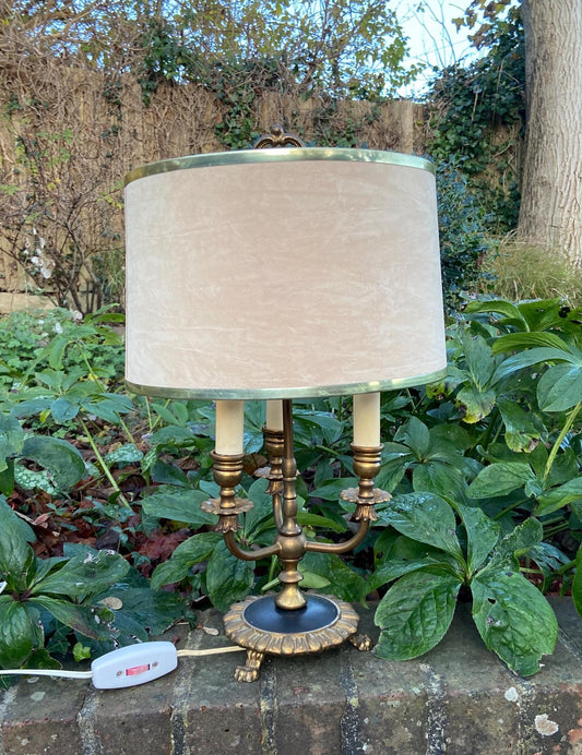 early 1900s bouilotte 3 armed brass office lamp. quality and heavy. working. with newer vintage shade. lion paw feet