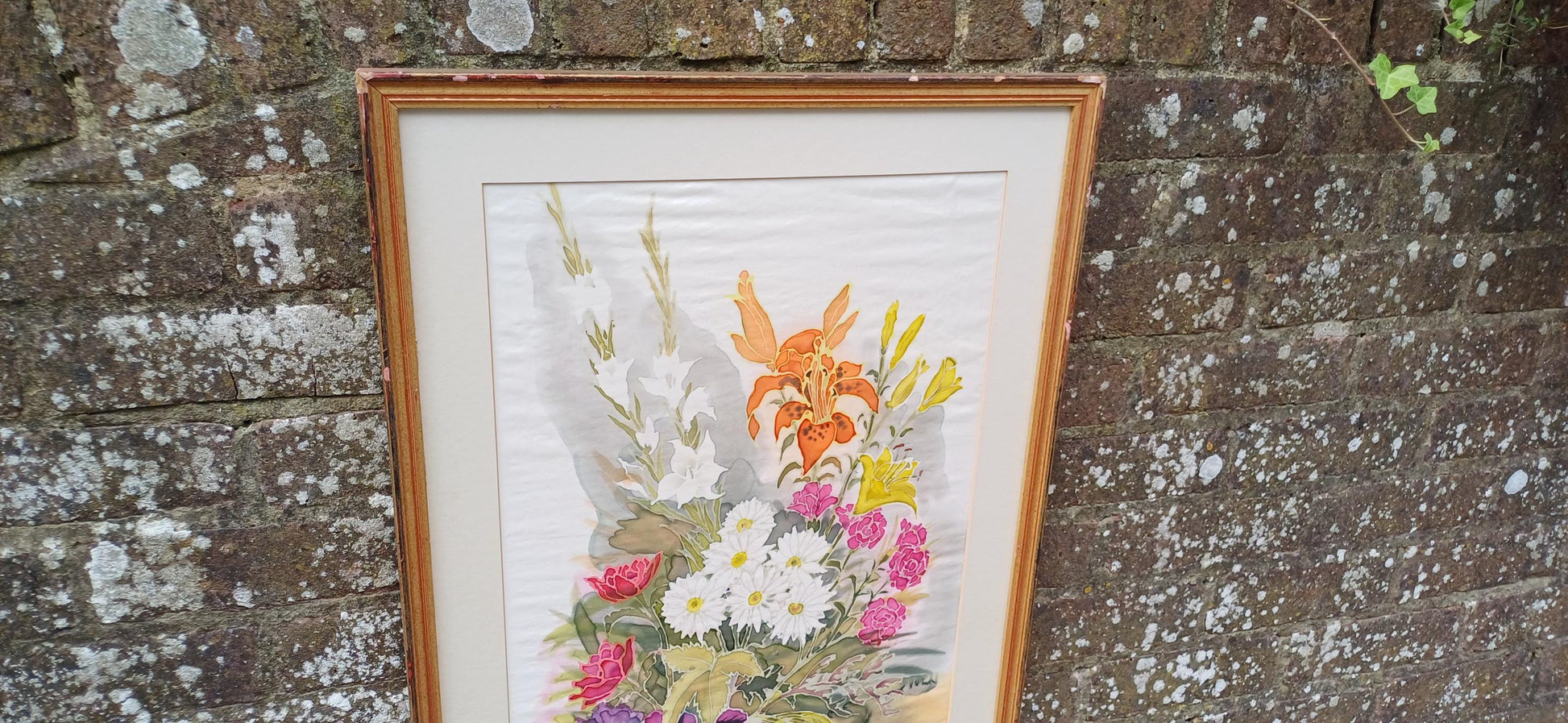 Stunning silk painting - framed still life on silk - vintage art - 76cm x 50cm